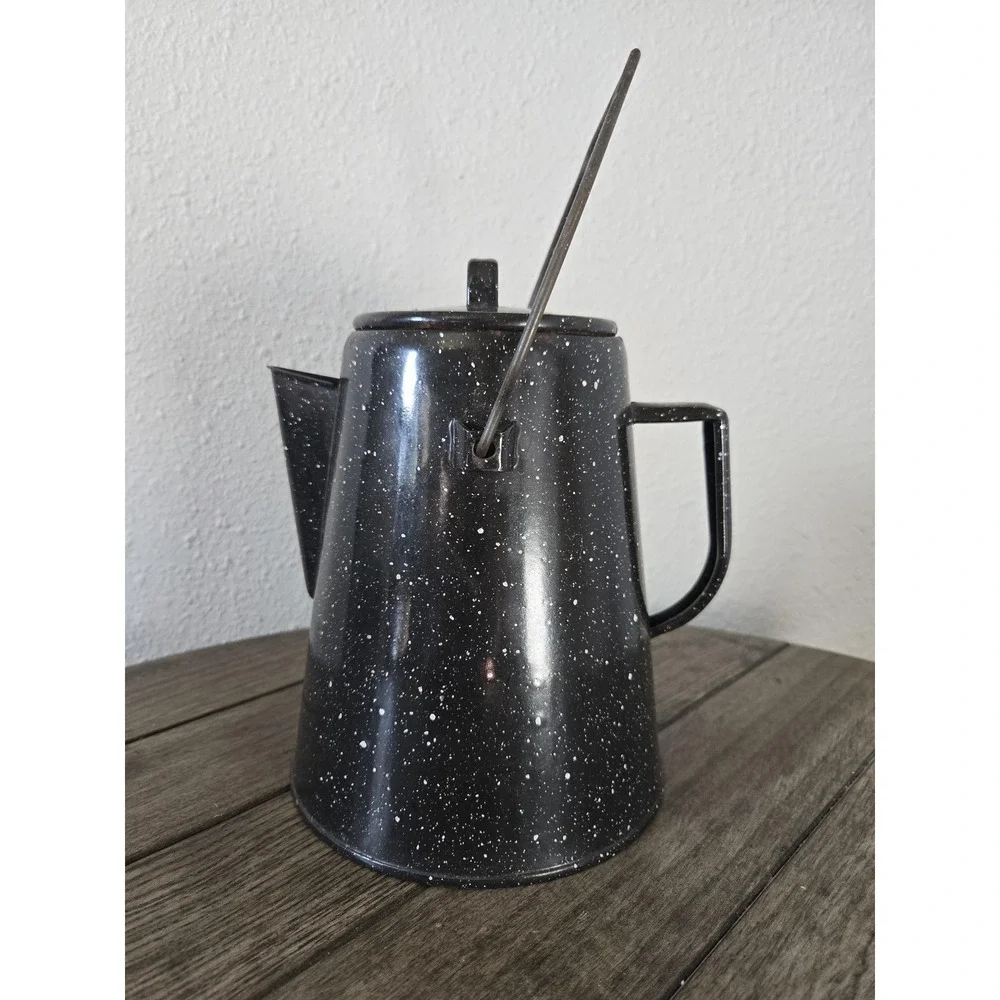 Vintage Black & White Speckled Enamelware Graniteware Cowboy Style Coffee Pot